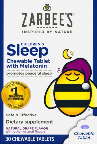 Zarbee's Kids 1mg Melatonin Chewable Tablet, Drug-Free & Effective Sleep Supplement, Easy to Take Natural Grape Flavor Tablets for Children Ages 3 and Up, 30 Count