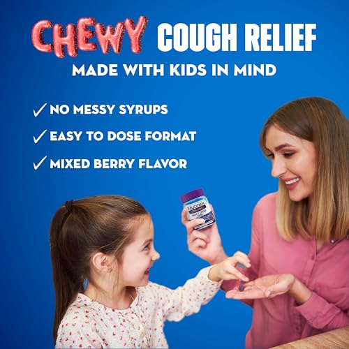 Mucinex Children's Mighty Chews Nighttime Kids Cough Medicine, Easy to Dose Cough Suppressant with Dextromethorphan, Kids Travel Medicine for Cough, Mixed Berry Flavor, 16 Medicated Chewable Tablets