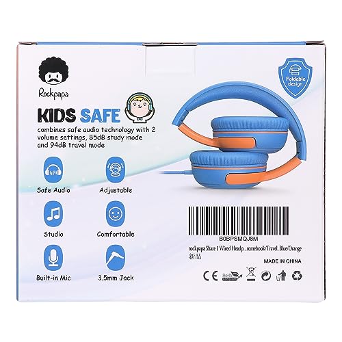 rockpapa Share 1 Kids Headphones Wired with Microphone & Share Port, 85dB/94dB Volume Limited, Cute Foldable Student Child Boys Girls Headphones for School/Classroom/Travel Blue/Orange