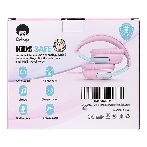 rockpapa Share 1 Kids Headphones Wired with Microphone & Share Port, 85dB/94dB Volume Limited, Cute Foldable Student Child Boys Girls Headphones for School/Classroom/Travel Pink/Green