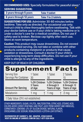 Zarbee's Kids 1mg Melatonin Chewable Tablet, Drug-Free & Effective Sleep Supplement, Easy to Take Natural Grape Flavor Tablets for Children Ages 3 and Up, 30 Count