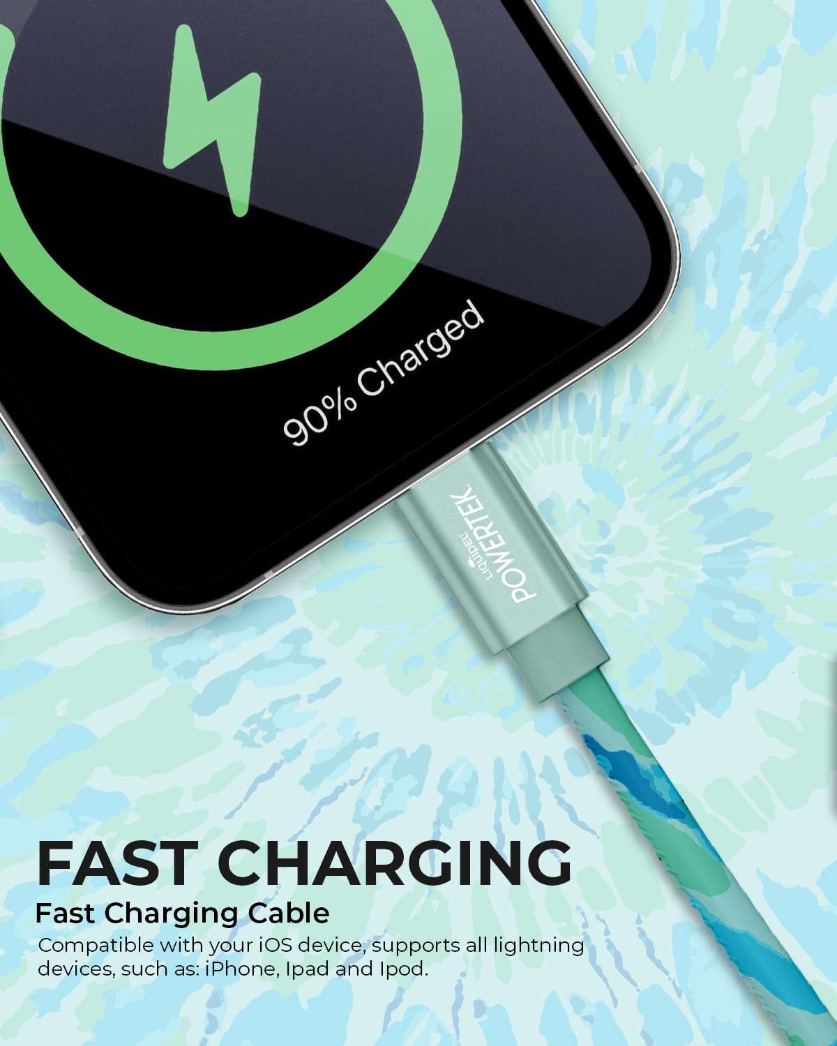 LIQUIPEL Powertek iPad & iPhone Lightning Charger Cable, Fast Charging 6ft MFI, Tie Dye Black (Green)