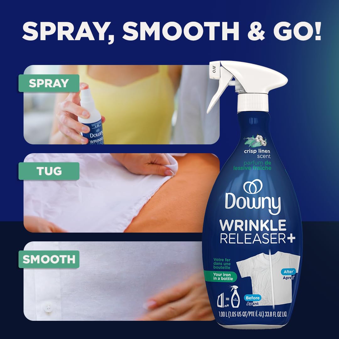 Downy Wrinkle Releaser Spray All In One Wrinkle Release Spray Travel Size, Odor Eliminator, Static Remover Fabric Refresher & Ironing Aid for Clothes 3 Fl Oz (Pack of 2), Crisp Linen Scent