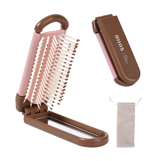 Folding Hairbrush with Soft Nylon Bristles and Mirror (Brown)