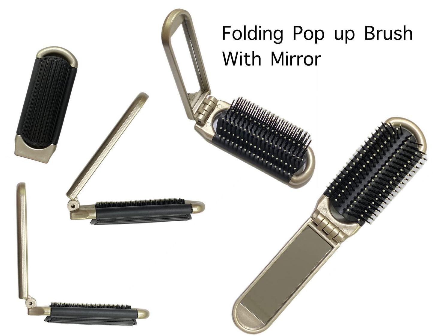 Pocket-Size Folding Travel Brush with Mirror (Champagne)