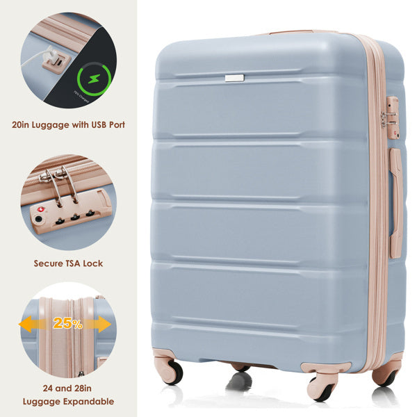 Ice Blue 4-Piece Luggage Set with USB Port and Travel Bag