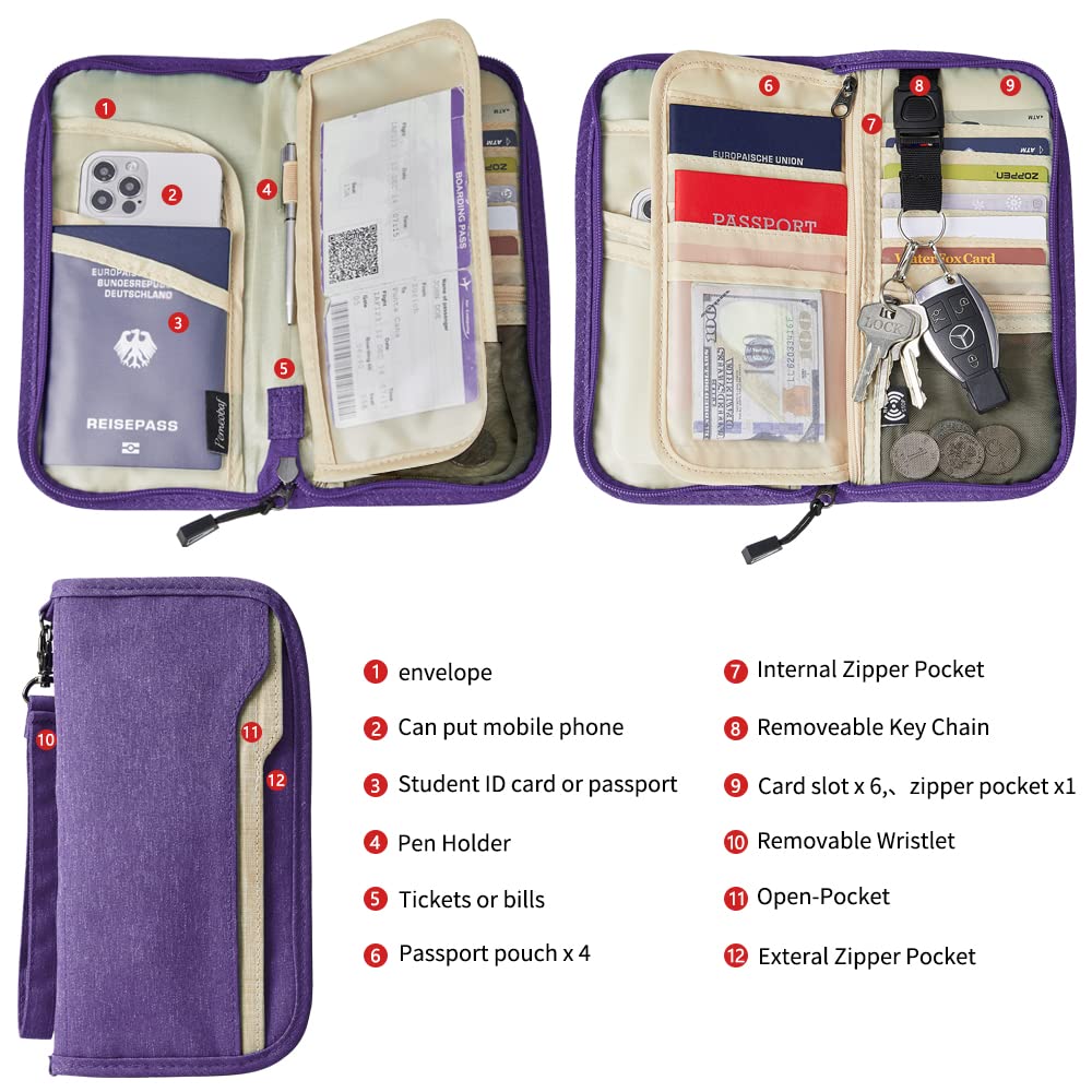 ZOPPEN Unisex Passport Wallet, Purple, Lightweight, Spacious, Scan Proof, Rfid Blocking, with Removable Keychain
