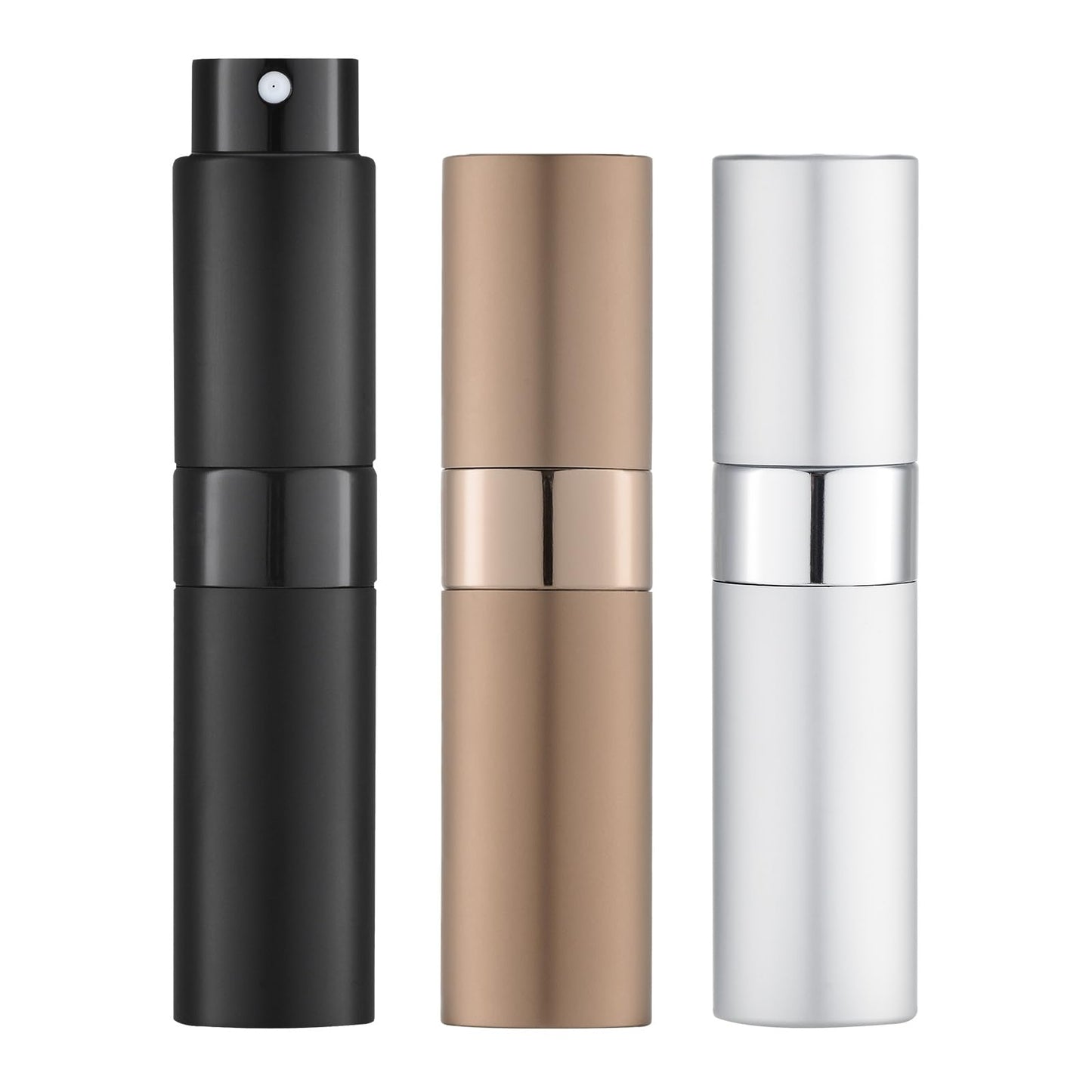 LISAPACK 8ML Atomizer Perfume Spray Bottle for Travel (3 PCS) Empty Cologne Dispenser, Portable Sprayer (Black, Silver, Brown)