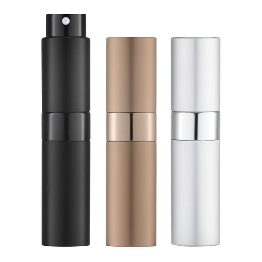 LISAPACK 8ML Atomizer Perfume Spray Bottle for Travel (3 PCS) Empty Cologne Dispenser, Portable Sprayer (Black, Silver, Brown)