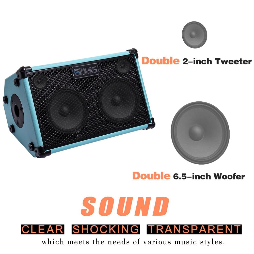 Coolmusic BP40D Powered Acoustic Guitar Amplifier- Portable Bluetooth Speaker 80W W/Battery with Reverb Chorus Delay Effect, 6 Inputs,3 Band EQ, Blue