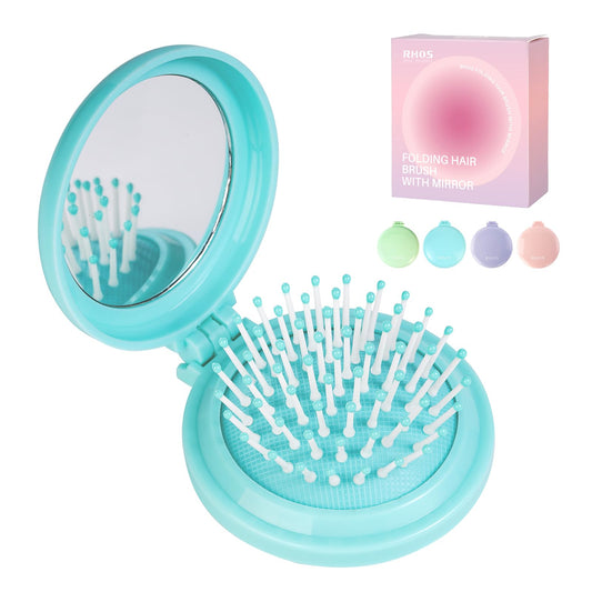 Round Folding Hairbrush with Mirror (Aqua Blue)