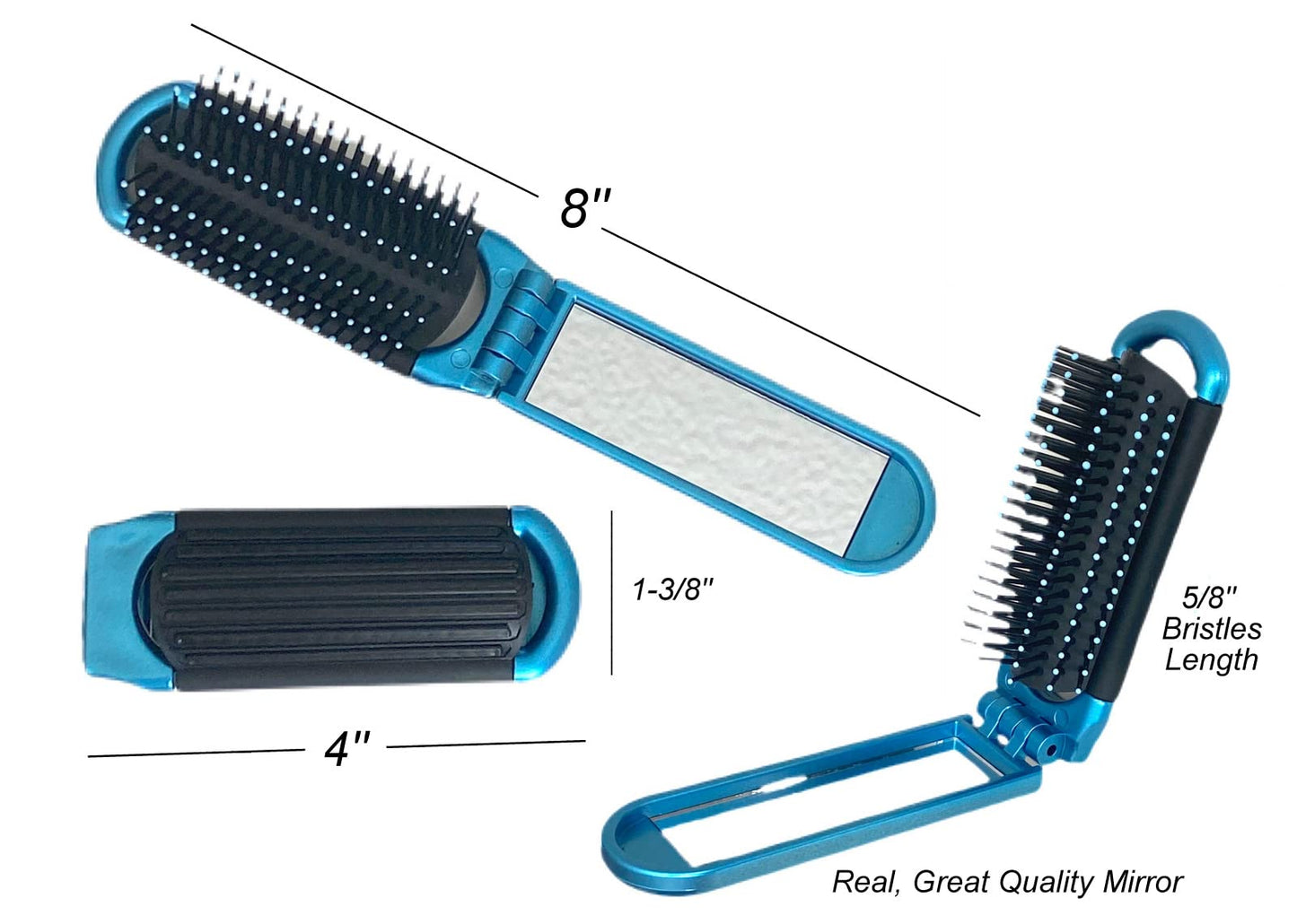 Pocket-Size Folding Travel Brush with Mirror (Blue)