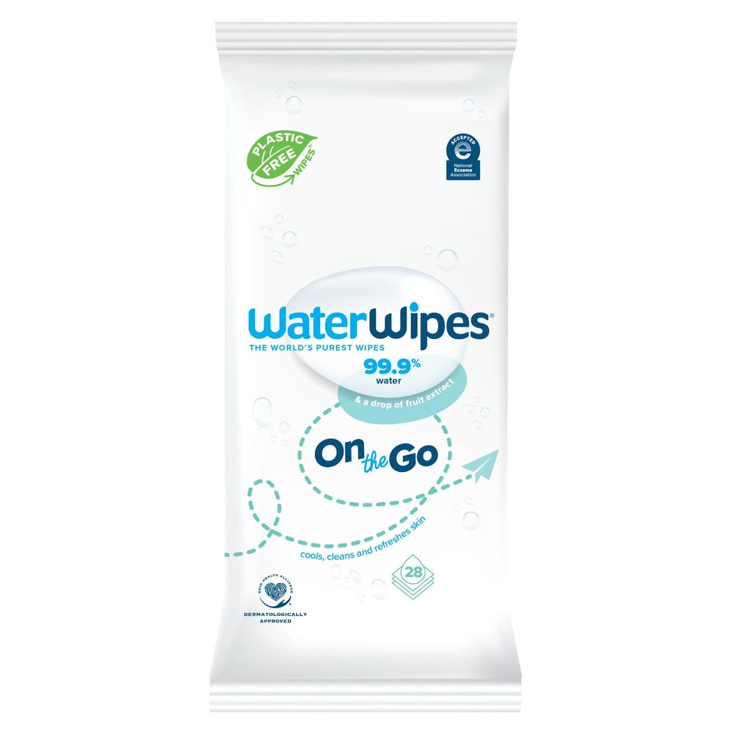 WaterWipes On The Go Wipes, 99.9% Water-Based Wipes for Travel, Sports, and to Refresh Skin, Unscented & Hypoallergenic, 28 Count (1 Pack)