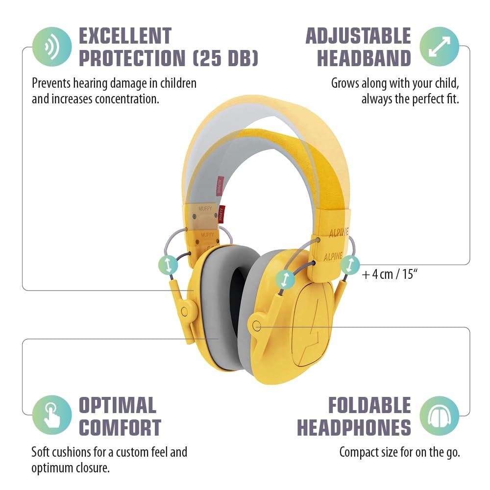 Alpine Muffy Kids - Noise Cancelling Headphones for Kids - CE & ANSI Certified - 25dB - Sensory & Concentration Aid - Yellow