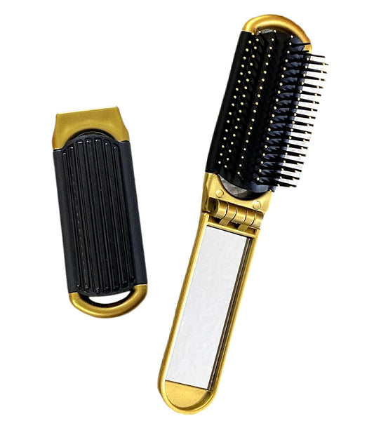 Pocket-Size Folding Travel Brush with Mirror (Gold)