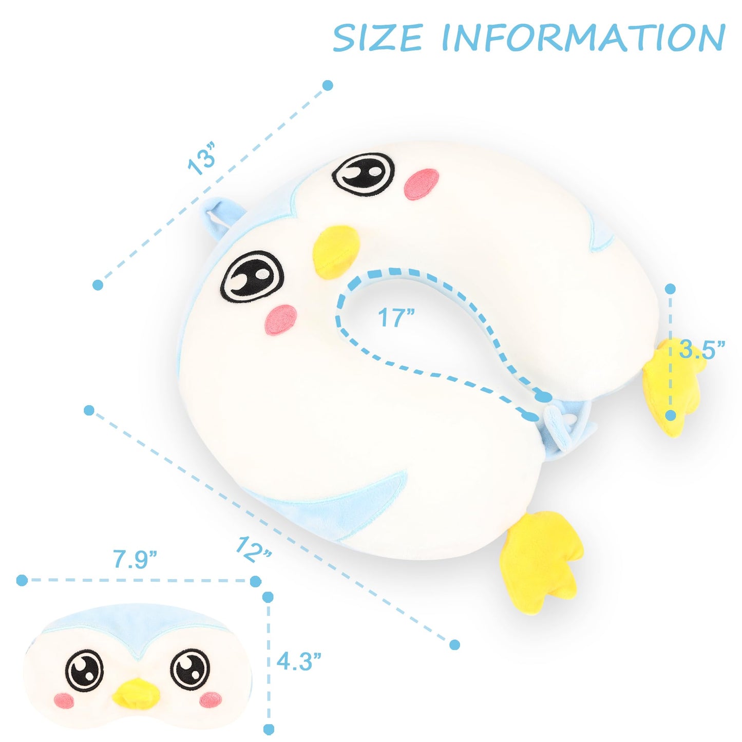 Sexysamba Cartoon Headrest & Neck Pillow for Kids Boys & Girls, Teens, Travel Accessories for Airplane, Car, Recline, Memory Foam Cute Travel Pillow with Sleep Eye Mask - Penguin