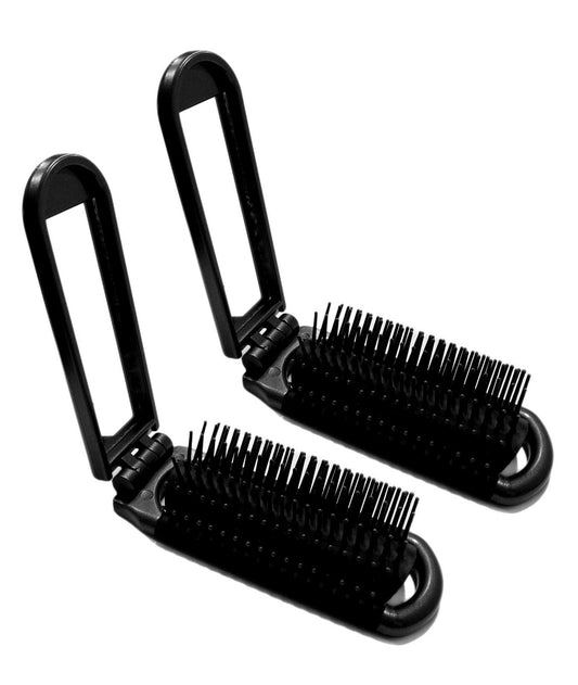 Pocket-Size Folding Travel Brush with Mirror (Black)