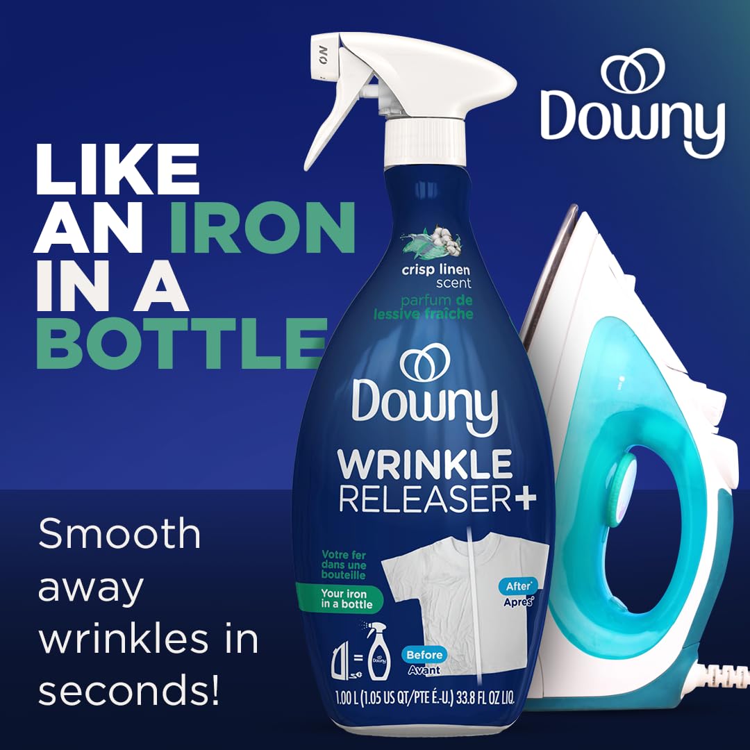 Downy Wrinkle Releaser Spray All In One Wrinkle Release Spray Travel Size, Odor Eliminator, Static Remover Fabric Refresher & Ironing Aid for Clothes 3 Fl Oz (Pack of 2), Crisp Linen Scent