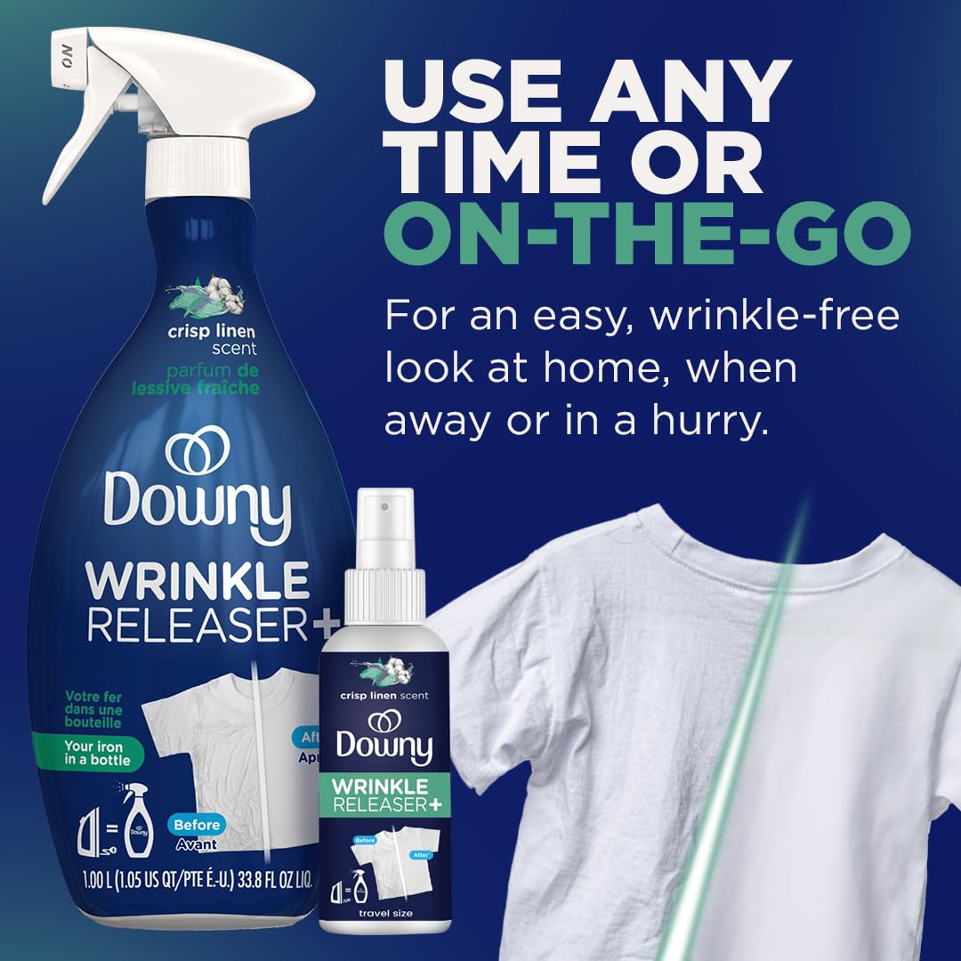 Downy Wrinkle Releaser Spray All In One Wrinkle Release Spray Travel Size, Odor Eliminator, Static Remover Fabric Refresher & Ironing Aid for Clothes 3 Fl Oz (Pack of 2), Crisp Linen Scent