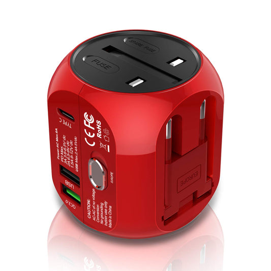 Travel Power Plug Adapter Portable Wall Charger Multi Plug USB Outlet Extender with 6A Smart Power Quick Charge 3.0 USB Type C for USA,UK,EU Red