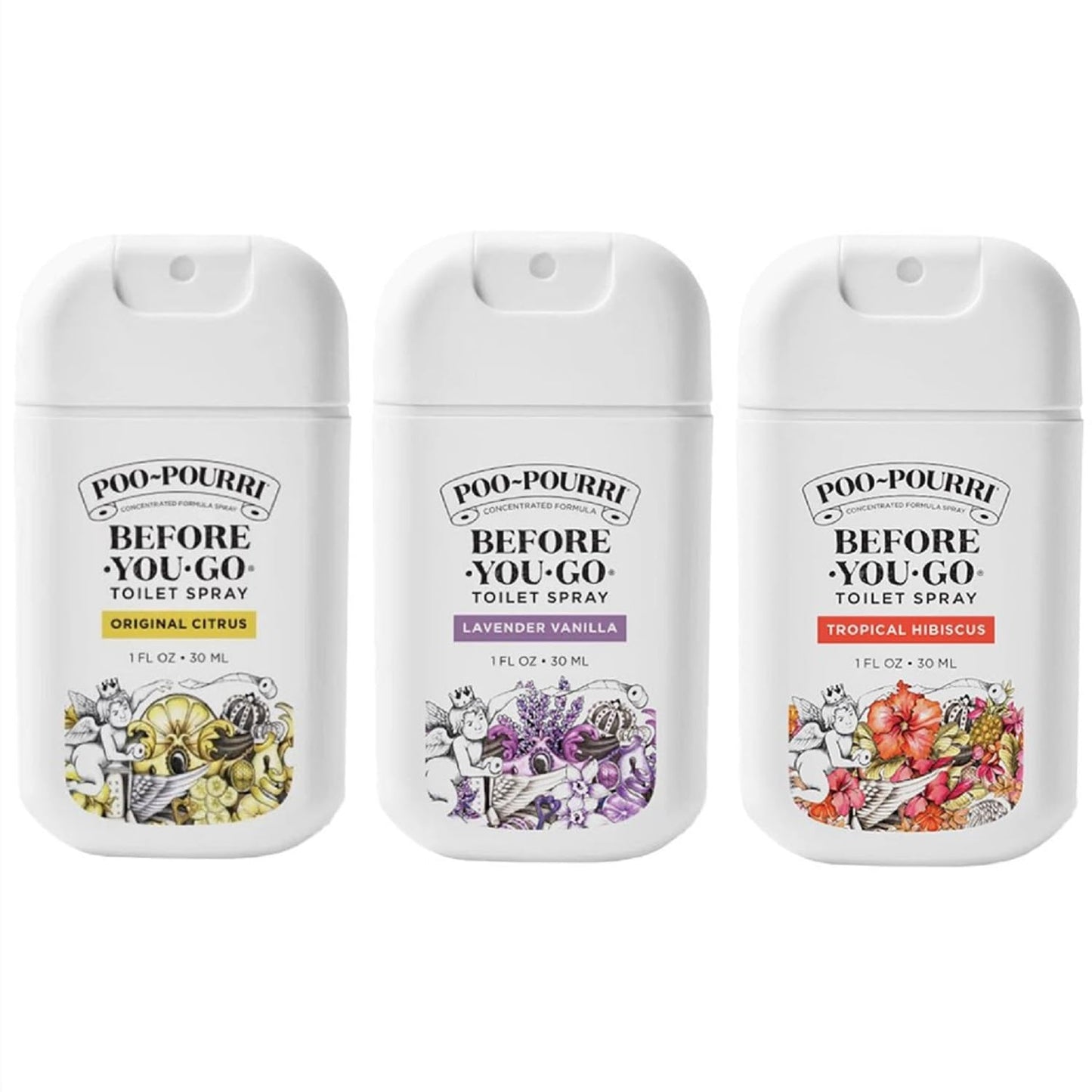 Poo-Pourri Before-You-Go Toilet Spray, Variety Pack 3 count- 1 Fl Oz each Pocket Travel Size - Original Citrus, Lavender Vanilla, and Tropical Hibiscus