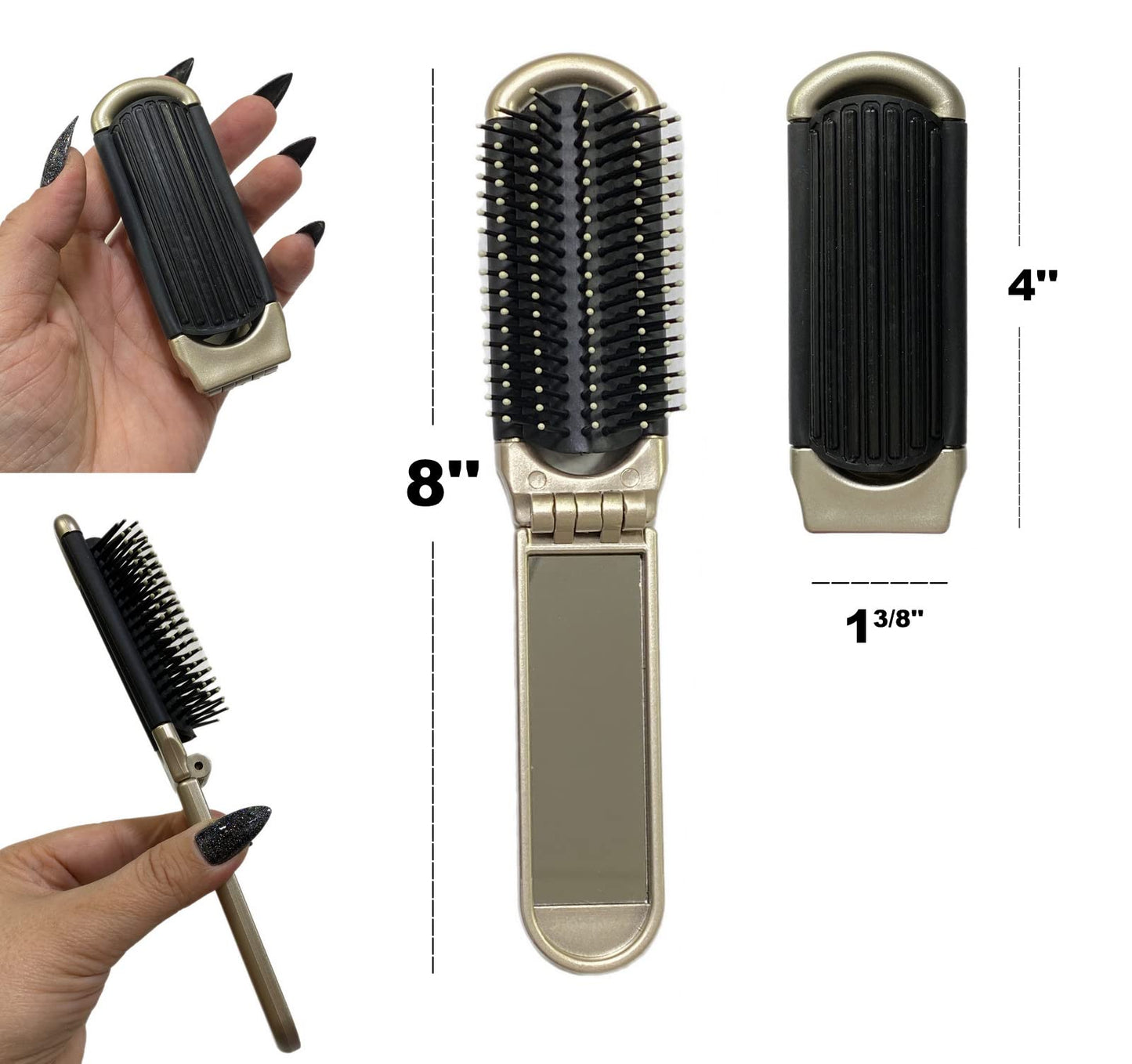 Pocket-Size Folding Travel Brush with Mirror (Champagne)