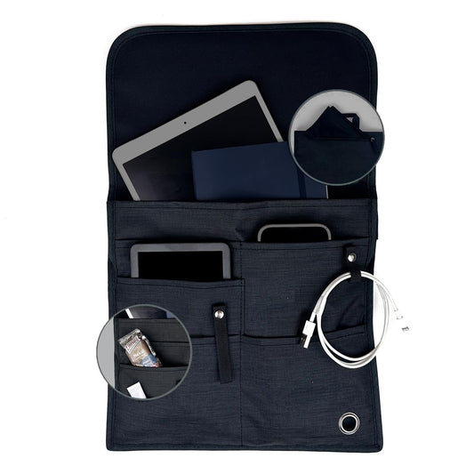 SO~MINE Airplane Pocket Organizer | Tray Table Cover | In Flight Seat Back Organizer Bag | Commuter Essential Travel Bag | Media Pouch For Flying | Travel Gift | Attaches To Luggage (Black)