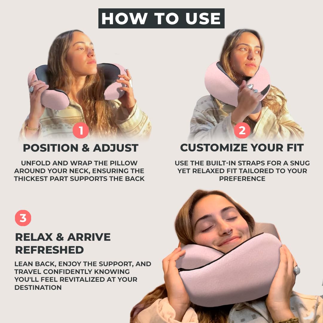 FlyHugz® Neck Travel Pillow | Memory Foam Neck Pillow for Comfort on Airplane | Compact and Ergonomic Design for Travel, Car Rides, and Home Use | Ideal for Adults and Kids (Pink)