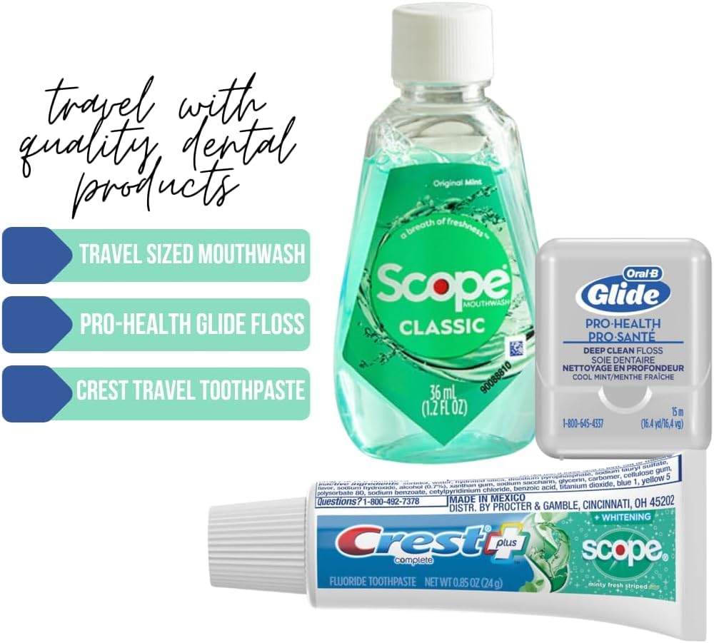 Dental Travel Kit with Travel Toothbrush, Travel Sized Toothpaste, Mouthwash and Floss in a Reusable Zipper Pouch, Ideal for Traveling (TSA Approved), Toothbrush Travel Kit