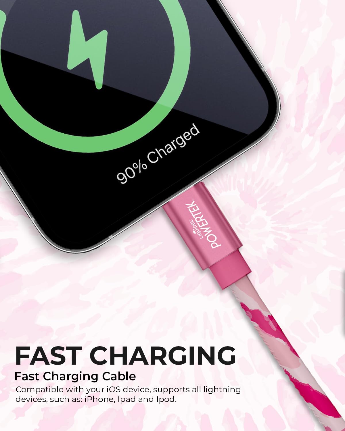 LIQUIPEL Powertek iPad & iPhone Lightning Charger Cable, Fast Charging 6ft MFI, Tie Dye Black (Pink)