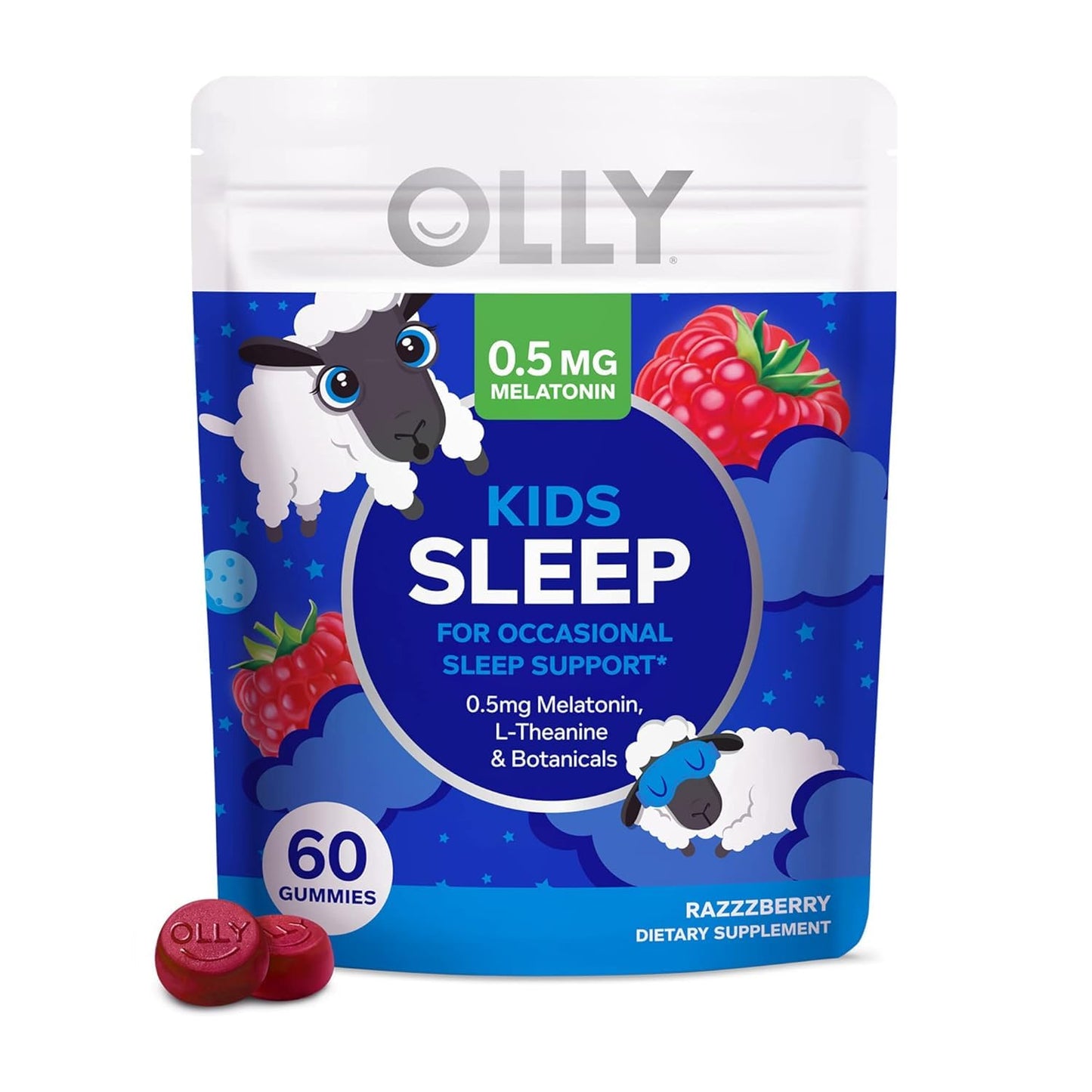 OLLY Kids Sleep Gummy, 0.5mg Melatonin, L Theanine, Chamomile, and Lemon Balm, Childrens Chewable Supplement, Occasional Sleep Support, Raspberry - 60 Count