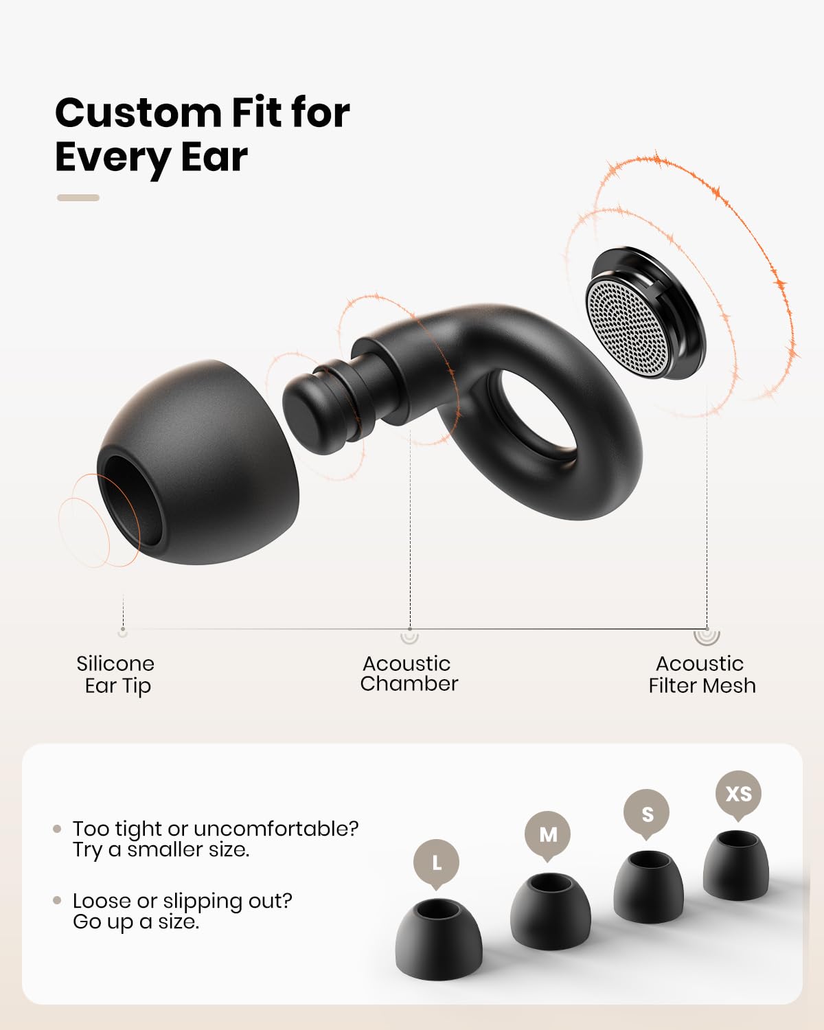 Ear Plugs for Sleeping Noise Cancelling, Hearing Protection Reusable Earplugs with 25dB Noise Reduction, 4 Sizes and Silicone Cord - Easy to Carry for Sleep, Focus, Concerts, Work, Study, Black
