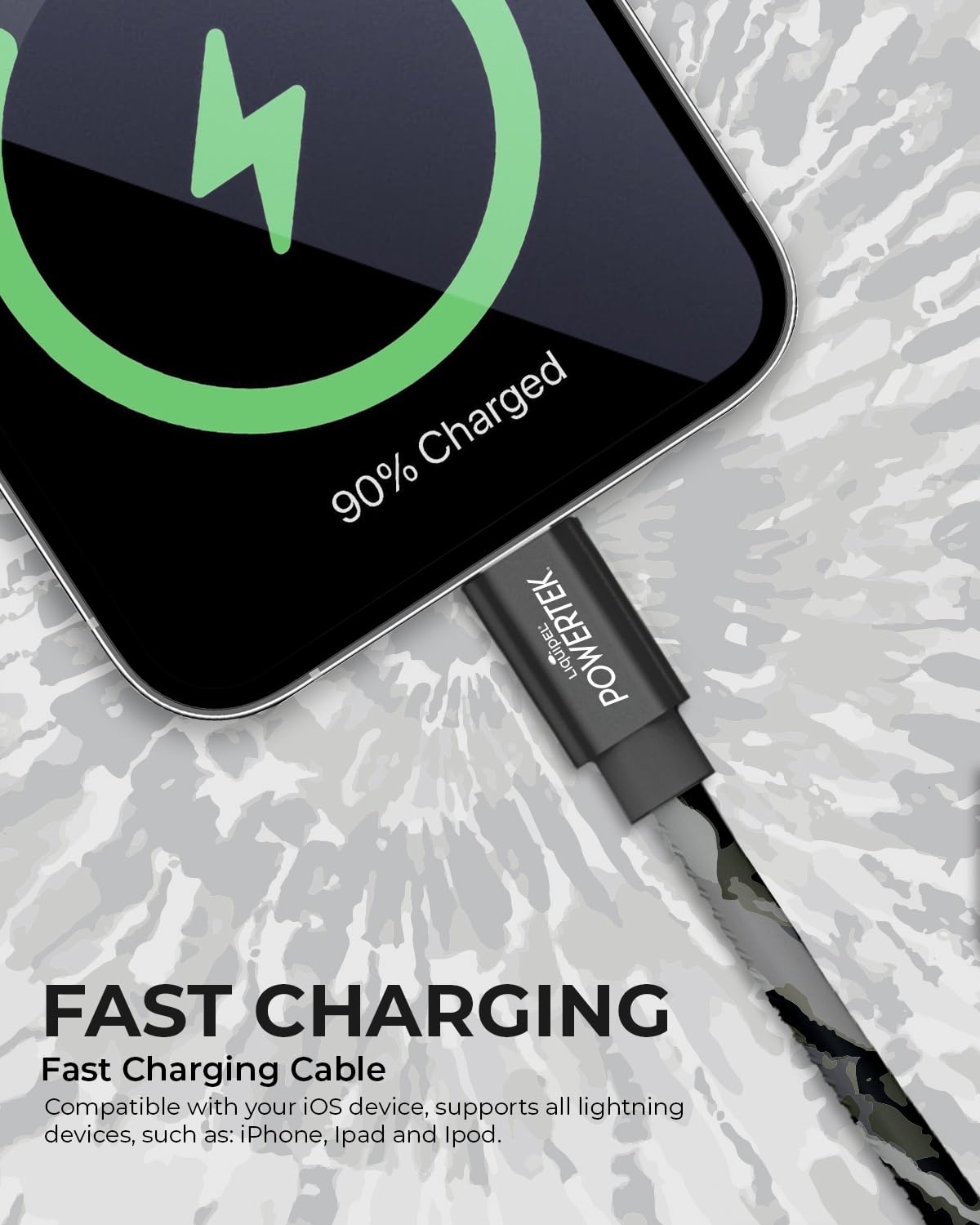 LIQUIPEL Powertek iPad & iPhone Lightning Charger Cable, Fast Charging 6ft MFI, Tie Dye Black (Black)