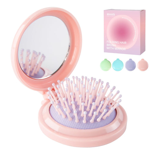 Round Folding Brush with Mirror (Pink)