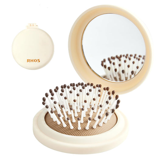 Round Folding Hairbrush with Mirror (Beige)