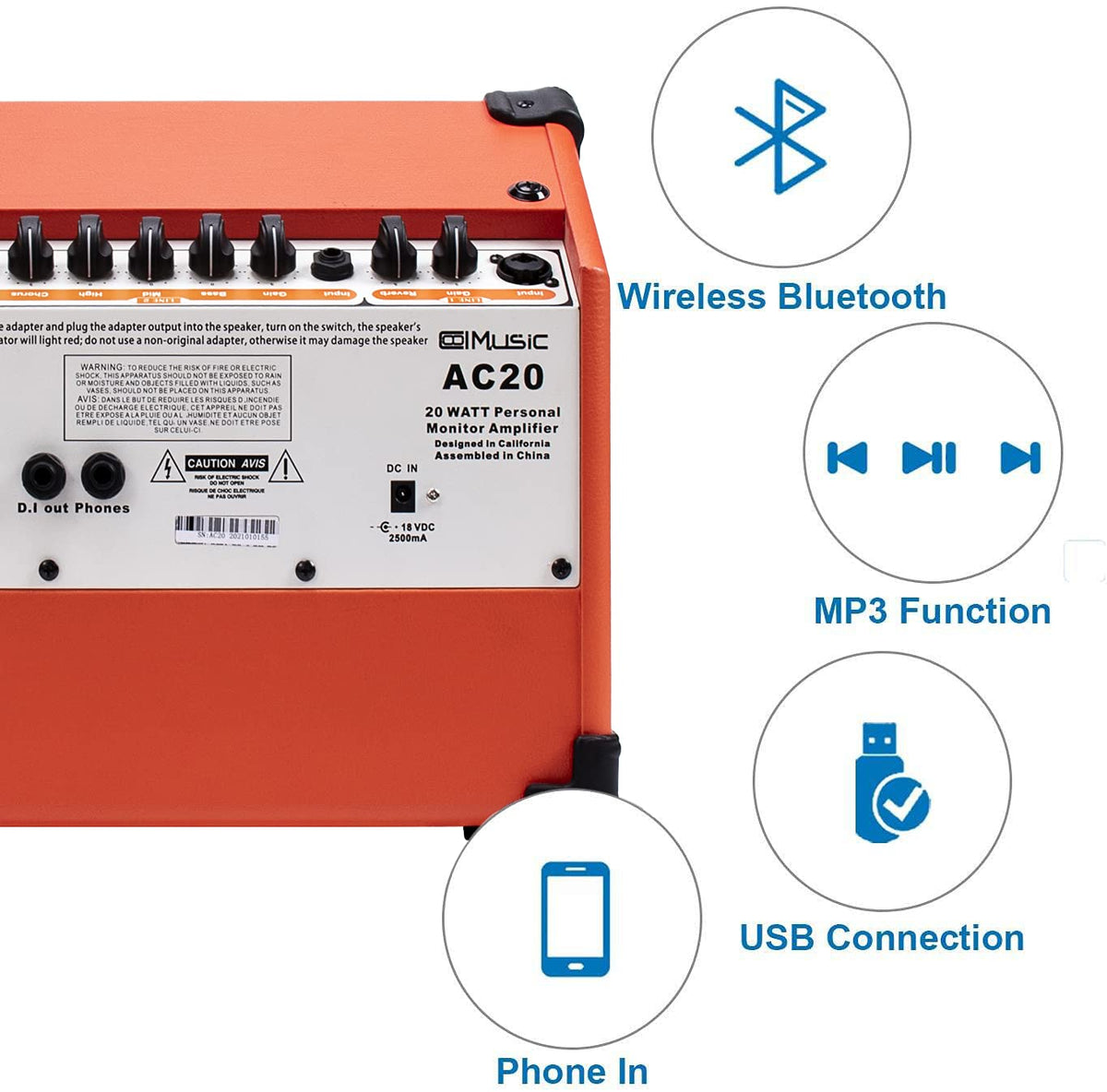 Acoustic Guitar Amplifier, 20 Watt Bluetooth Amp for Guitar Acoustic with Reverb Chorus Effect, 3 Band EQ（Including Microphone and Audio Cable）