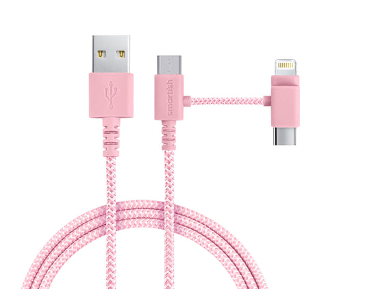 Smartish USB-C/Lightning Cable for iPhone 16/15/14 - Crown Joule - 6 Foot Universal Fast Fabric Wrapped Charging Cable w/Micro-USB - Apple MFi Certified for iPhone 13/12/SE/iPad/AirPods/Android - Pink