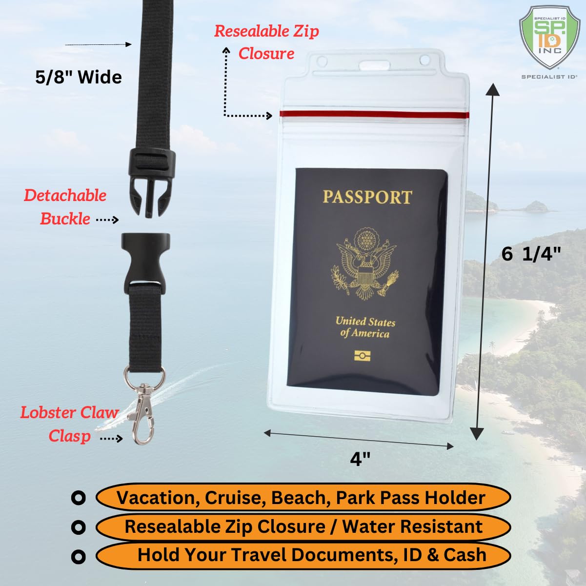 Passport Holders - 2 Pack - Heavy Duty Water and Tear Resistant Resealable Sleeves & Premium Breakaway Lanyard - 4X6 Insert for Vaccination Cards, Cruise, Travel, and Beach Vacation Documents (Black)