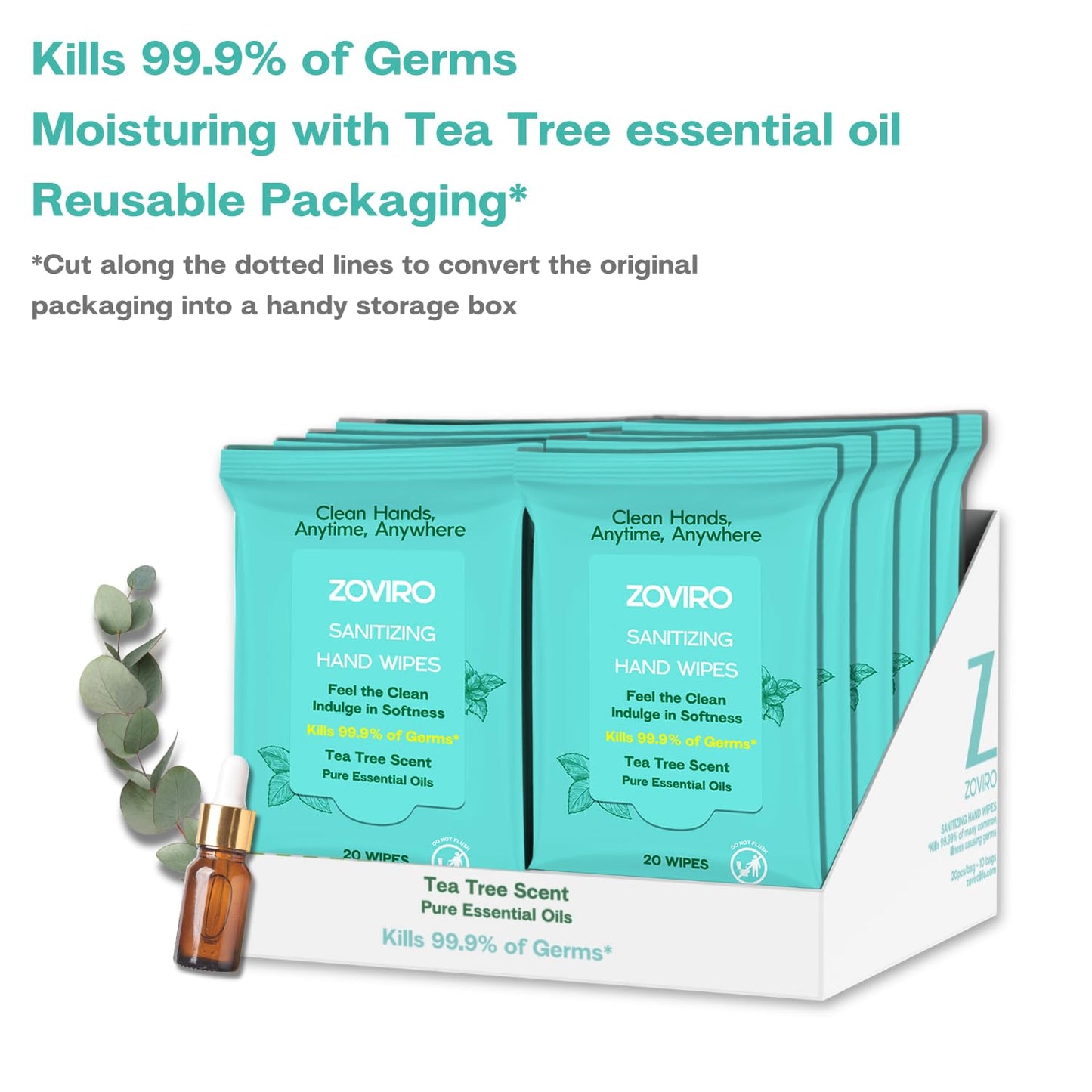 Zoviro Hand Sanitizer Wipes, Tea Tree Essential Oil, Hand Wipes Travel Size, Moisturizing Sanitizing Wipes, Tea Tree Scent, 20 Count (Pack of 10)