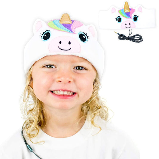 CozyPhones Over The Ear Headband Headphones - Kids Headphones Volume Limited with Thin Speakers & Super Soft Stretchy Headband - White Unicorn