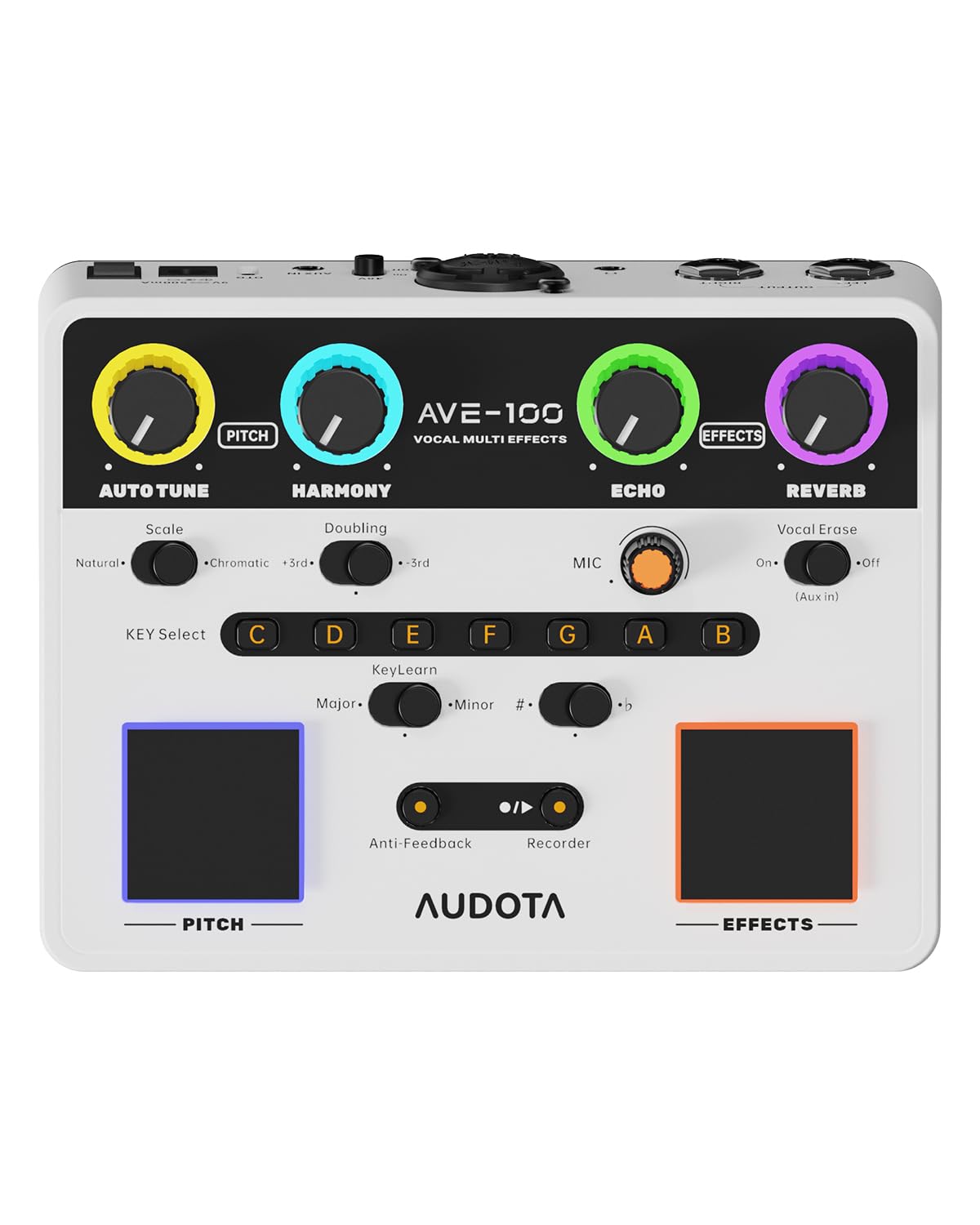 AVE-100 Vocal Effects Processor, Vocal Harmonizer with Pitch Correction, Harmony, Reverb & Delay, Key Detection, Anti-Feedback, Loop Recorder, 48V Phantom Power for Singers, Live Performance & Record