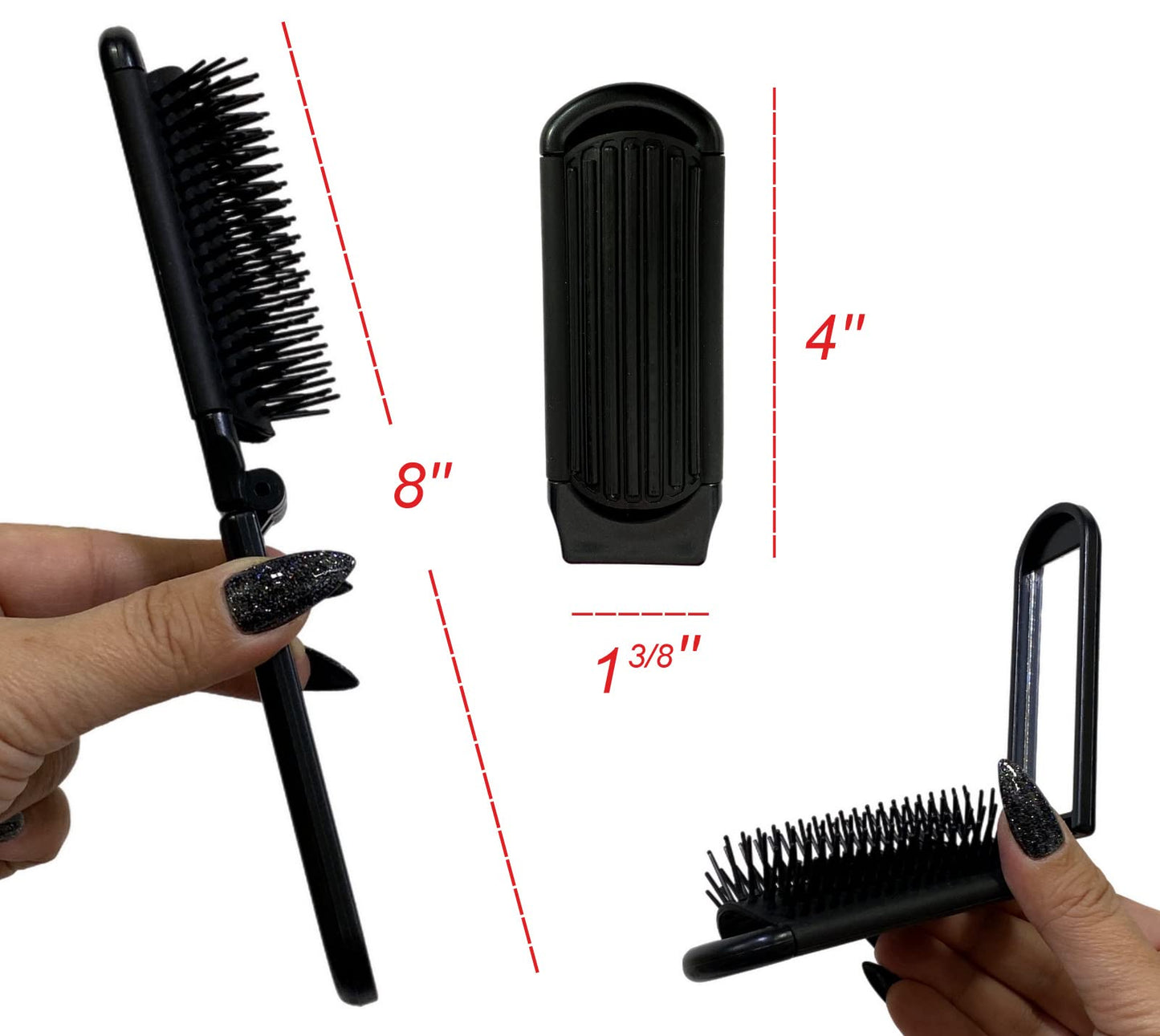 Pocket-Size Folding Travel Brush with Mirror (Black)