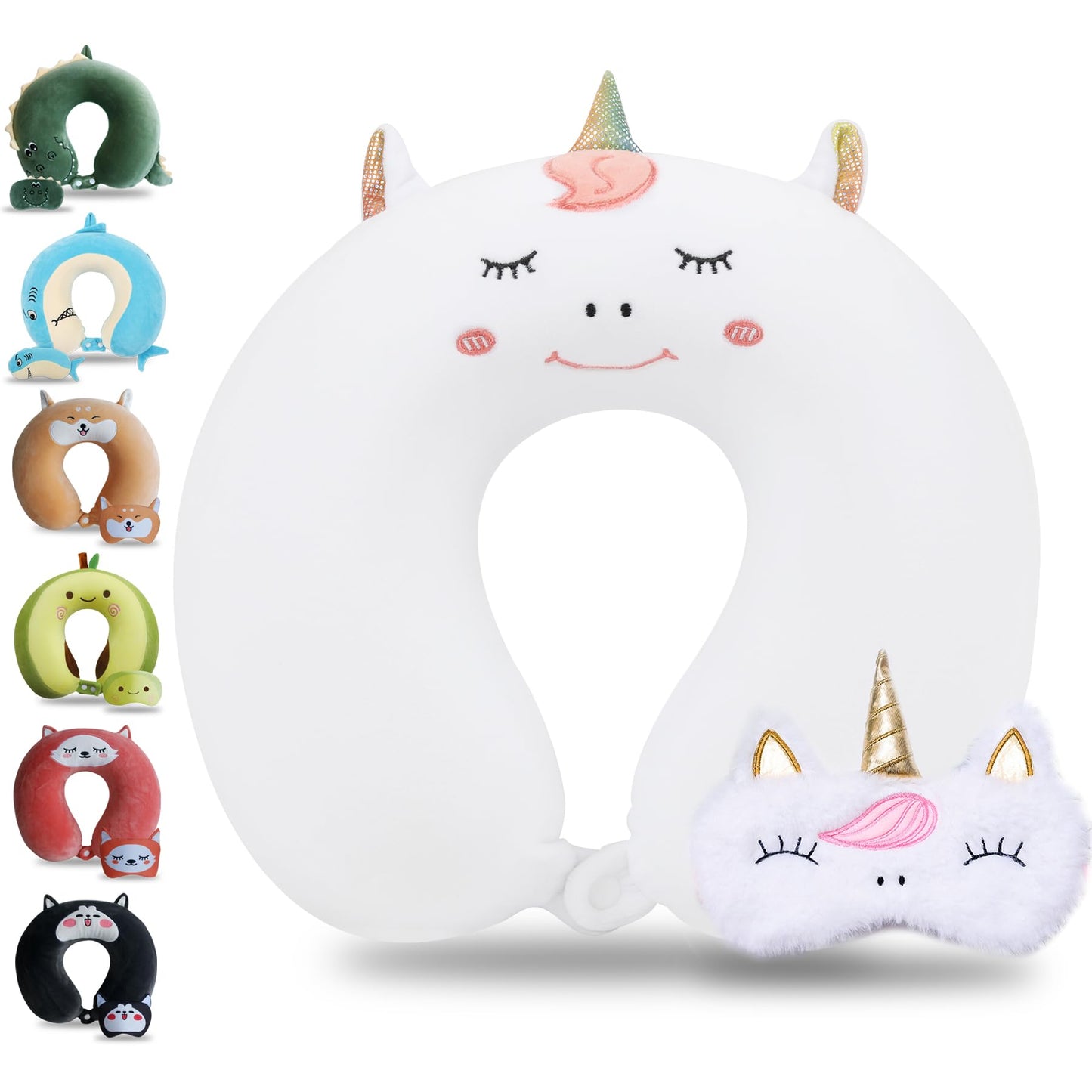 Sexysamba Cartoon Headrest & Neck Pillow for Kids Boys & Girls, Teens, Travel Accessories for Recline, Car, Airplane, Memory Foam Cute Travel Pillow with Sleep Eye Mask - White Unicorn