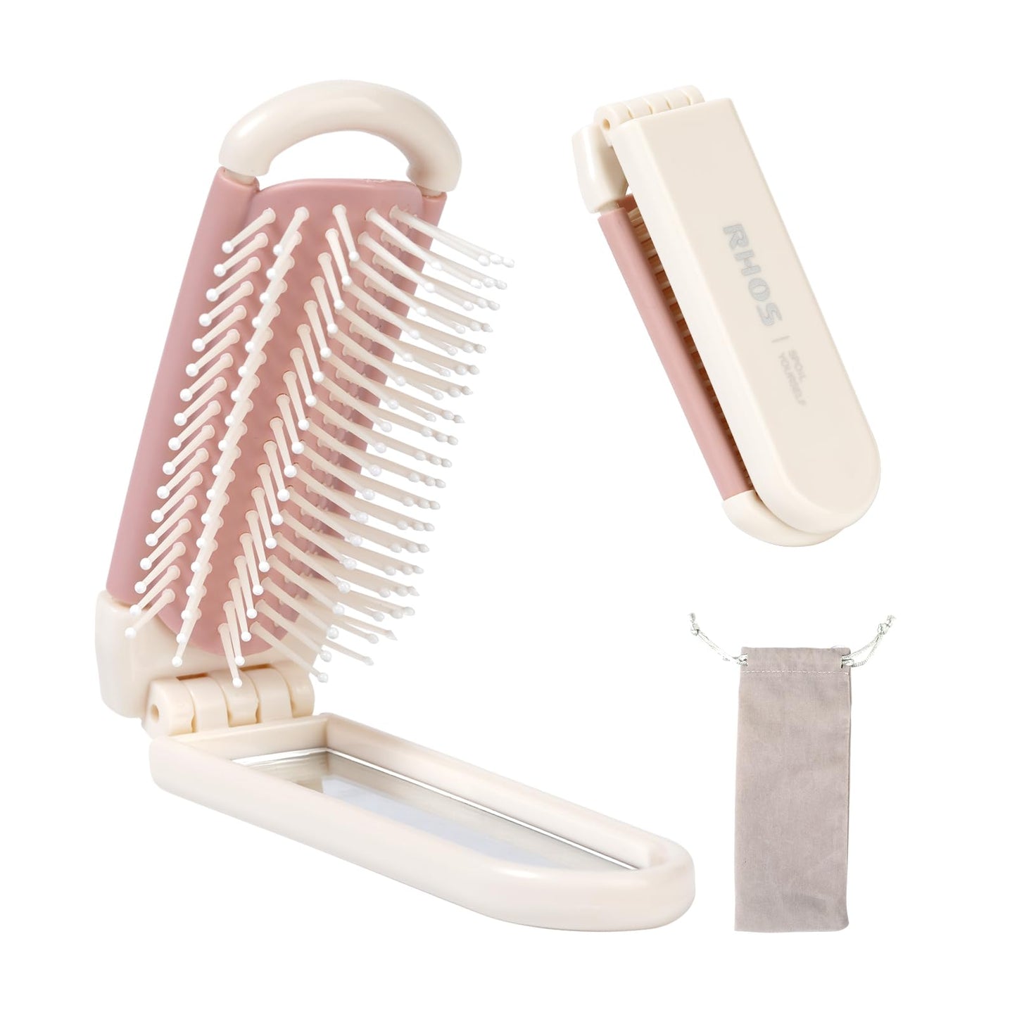 Folding Brush with Mirror (Beige)