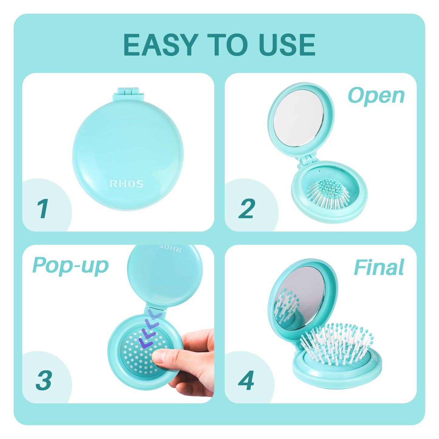 Round Folding Hairbrush with Mirror (Aqua Blue)