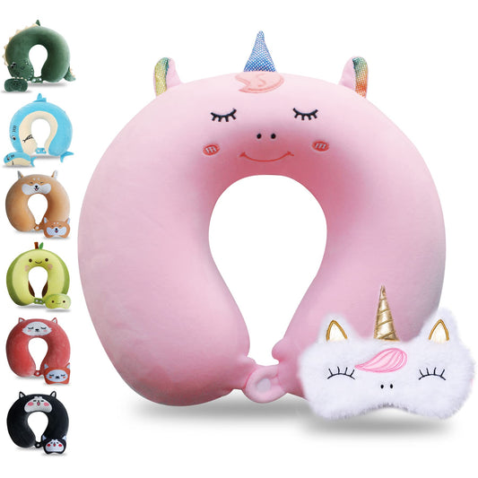 Sexysamba Cartoon Headrest & Neck Pillow for Kids Boys & Girls, Teens, Travel Accessories for Airplane, Car, Recline, Memory Foam Cute Travel Pillow with Sleep Eye Mask - Pink Unicorn