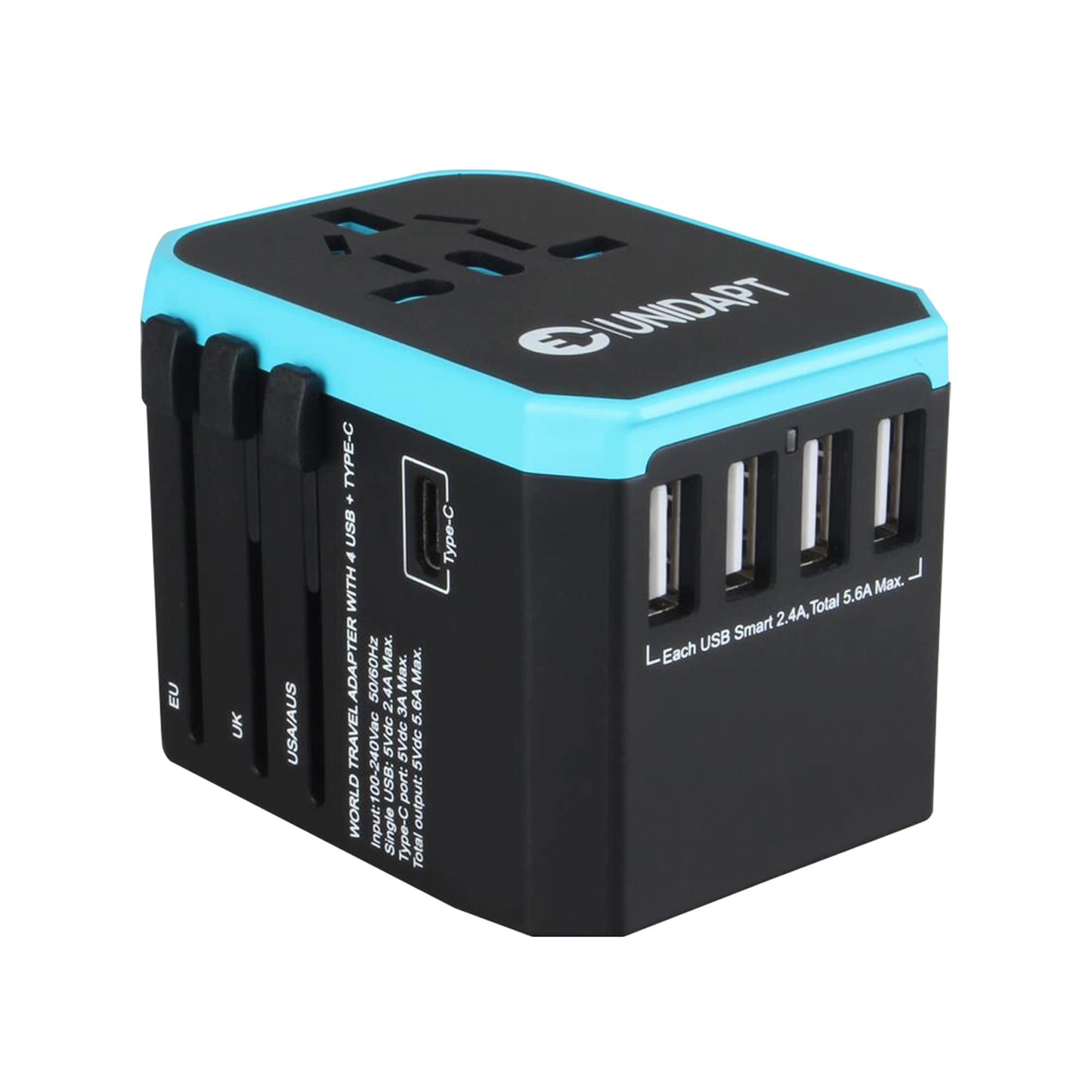 Unidapt Universal Travel Adapter One International Wall Charger AC Plug Adaptor with 5.6A Smart Power and 3.0A USB Type-C for USA EU UK AUS (UA-101, Blue)