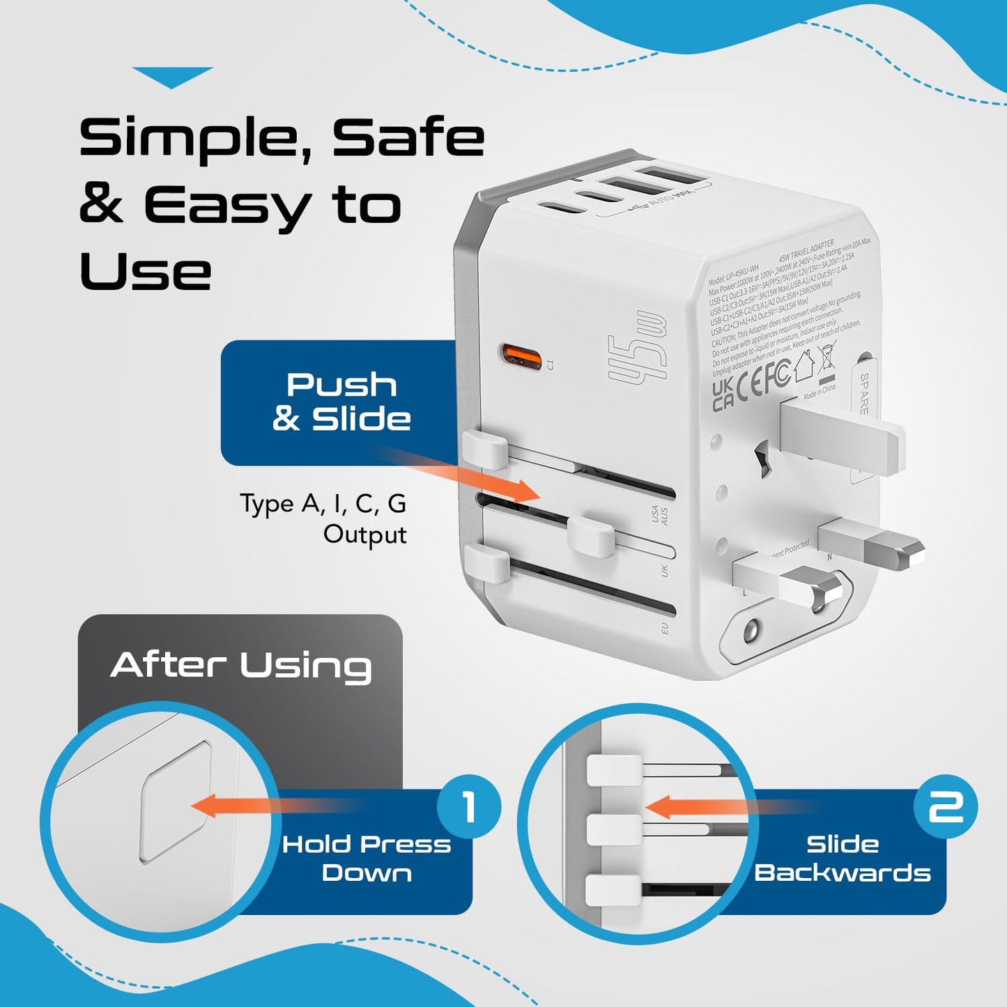 Ceptics Universal Travel Adapter w/ 2X USB-A and 3X USB-C, 6 in 1 Travel Adapter 45W for Global use, International Adapter for Mobile, Laptops, All in one Adapter for US, EU, UK & More, UP-45W-WH