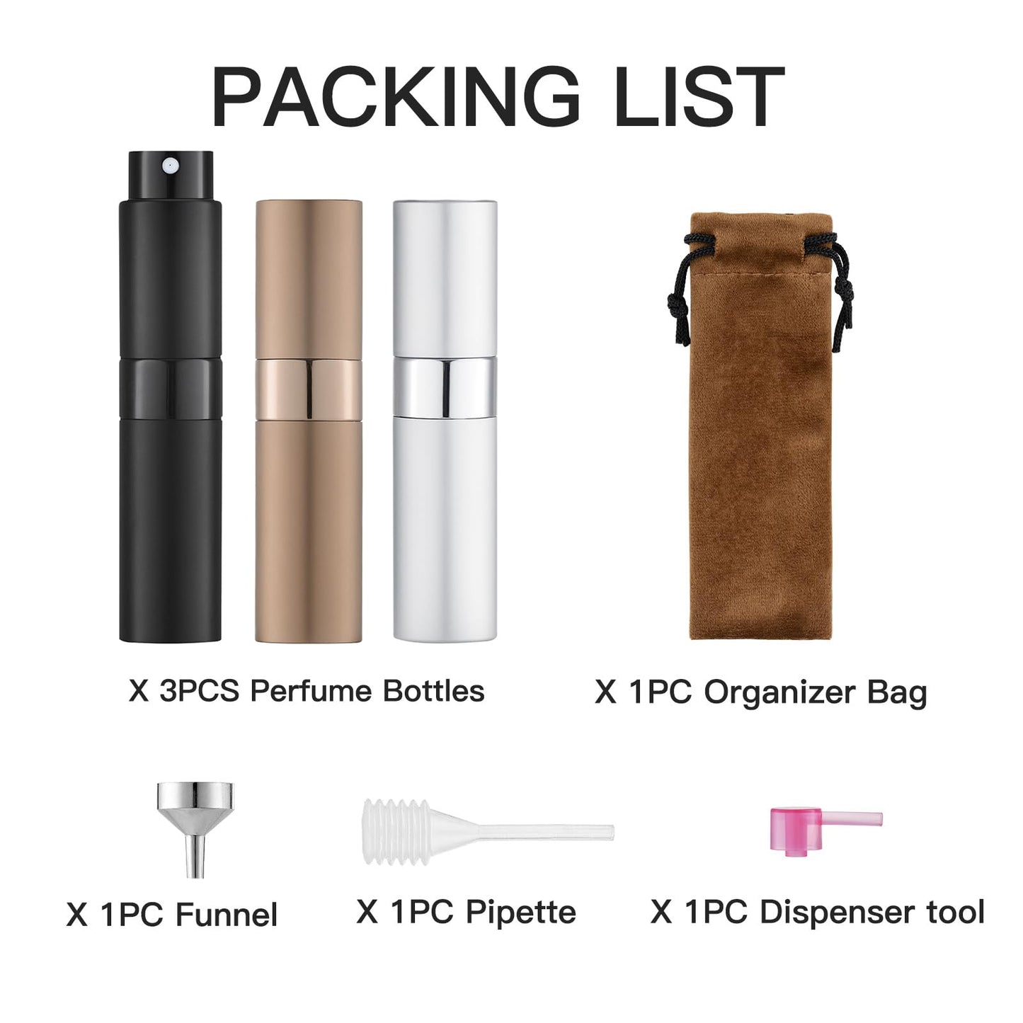 LISAPACK 8ML Atomizer Perfume Spray Bottle for Travel (3 PCS) Empty Cologne Dispenser, Portable Sprayer (Black, Silver, Brown)