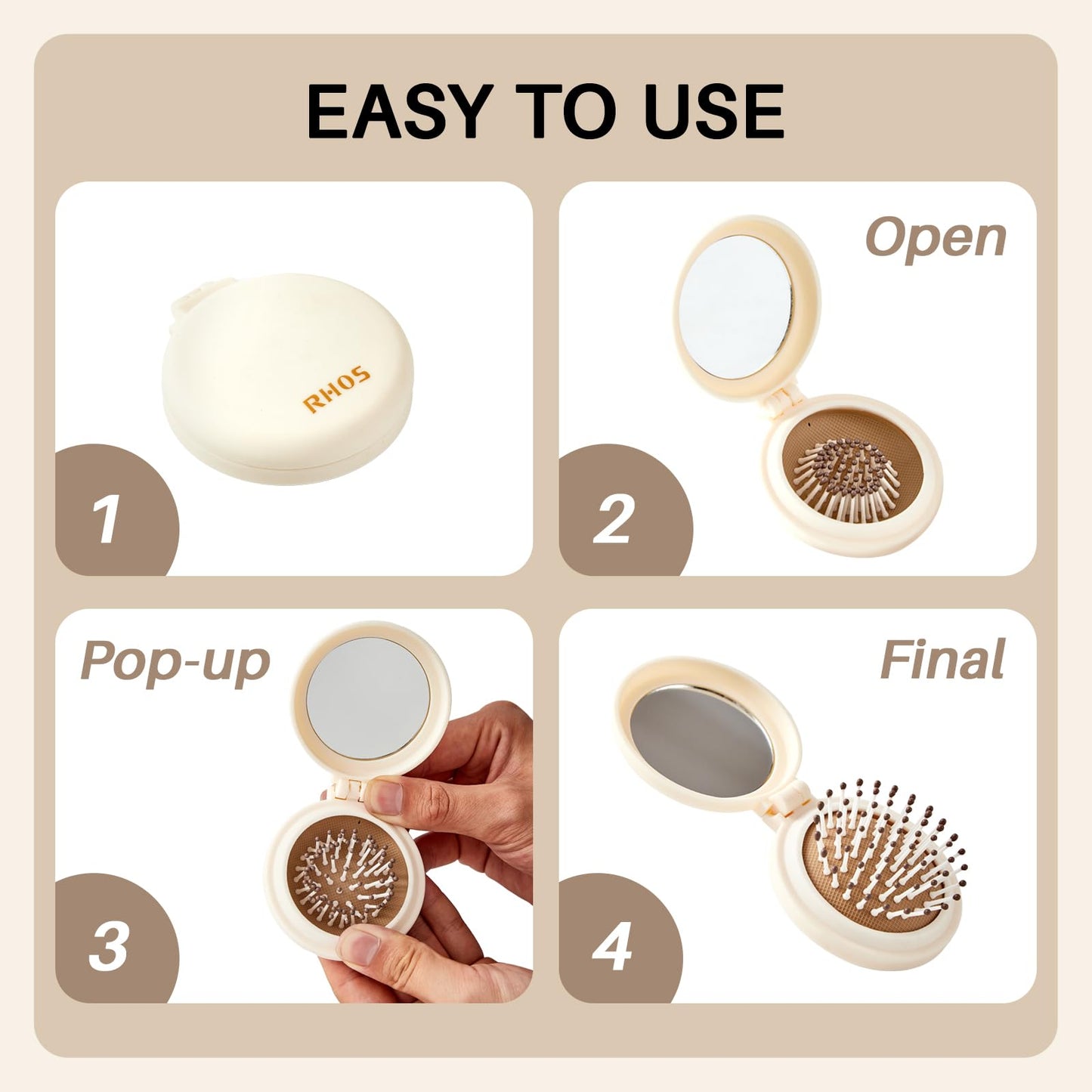 Round Folding Hairbrush with Mirror (Beige)